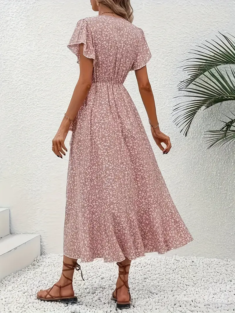 V-Neck Ruffled Wrap Midi Dress – Flowy Tiered Hem