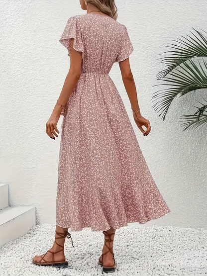V-Neck Ruffled Wrap Midi Dress – Flowy Tiered Hem