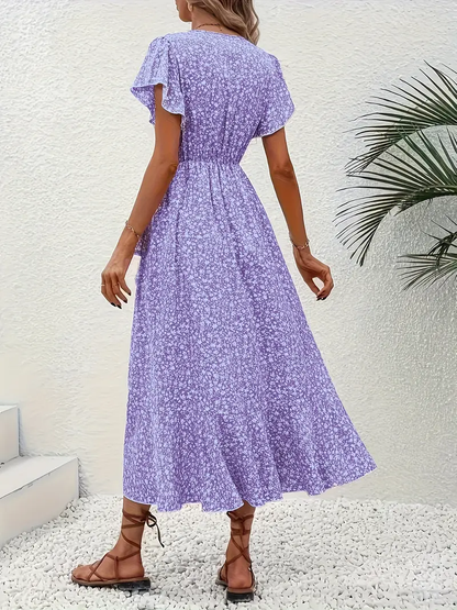 V-Neck Ruffled Wrap Midi Dress – Flowy Tiered Hem